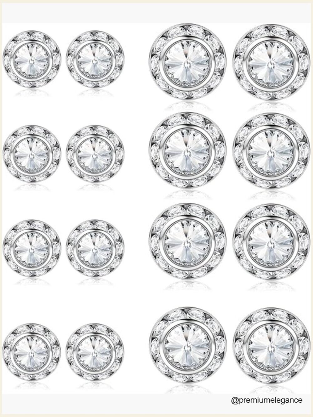 8 Pairs Rhinestone Stud Earrings, 10mm & 15mm, Dance Competition Jewelry